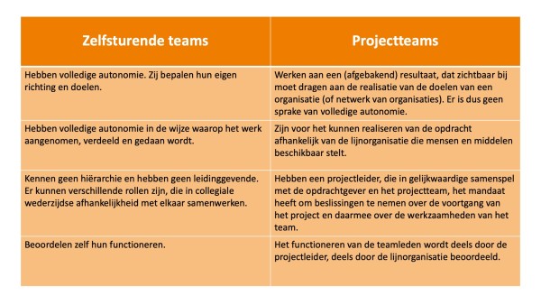Kenmerken van zelfsturende teams versus projectteams